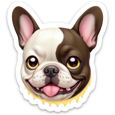 Cinematic Comical Pied French Bulldog Portrait Emoji, Head tilted with an exaggeratedly shocked, comical expression and wide, humorously expressive eyes, showcasing a distinctive pied fur of contrasting hues and a charmingly goofy face, simplified yet hilariously detailed, glowing with a sassy, playful radiance, high shine, exuding a mischievous and meme-worthy charm, styled with a soft glowing outline, capturing the essence of a Pied French Bulldog that looks ready to spark a viral laugh! sticker