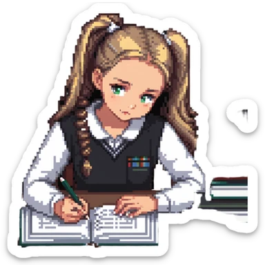 Girl with ponytail working on exam at desk with textbooks sticker