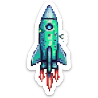 rocket ship with green to red gradient, pixel art style sticker