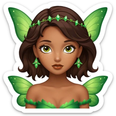 Pretty girl with caramel skin. Dark brown hair and brown eyes. She has freckles. Wearing sexy makeup. Wearing a green fairy costume and heels sticker