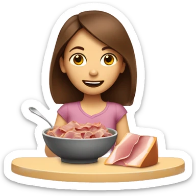 Girl with brown hair eating a Bowl with ham, cheese, and olives  sticker