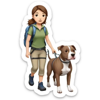 Girl with brown hair hiking with grey pit bull sticker