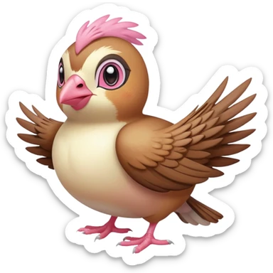pidgey, small brown bird, cream face and belly, pink feet, short beak, wings spread sticker