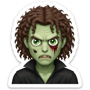 long curly haired male zombie with brown hair color and green eye color, with dark vampire clothes and angry face emotion sticker