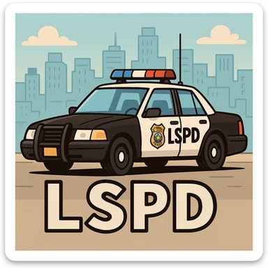 Make the police car black and white, add a city background, and add the caption 'LSPD' in a cartoon style. sticker
