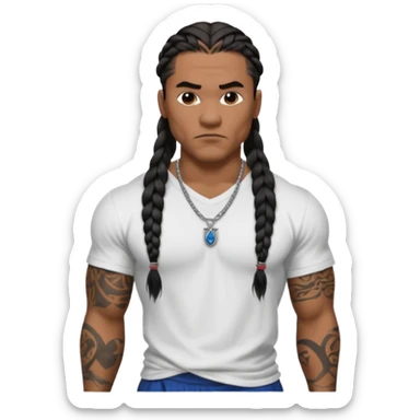 Samoan male with loose fitting white t-shirt. long braided hair, very muscular, tattoos. street culture clothing. Tough and menacing. sticker
