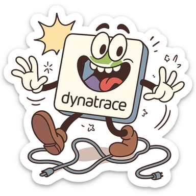 Dynatrace logo as a goofy mascot tripping over cables with a big smile and comic effects sticker