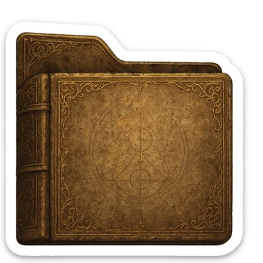 A Windows 11 folder icon recreated in the general style of Elden Ring prayerbooks. Blend the folder's modern shape and layout with the aged, ornate, textured, and slightly mystical look of the prayerbooks, without leaning too heavily into any single book's details. The folder cover is blank. Transparent background. 1080x1080 resolution. sticker