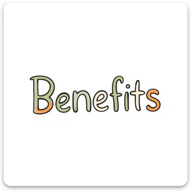 The word "Benefits" hand-drawn in white/cream colored text with just a few green and orange accents. Simple doodle style. sticker