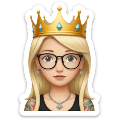 beautiful white girl with tattoos,  straight hair wearing a crown and glasses with long blond hair  sticker