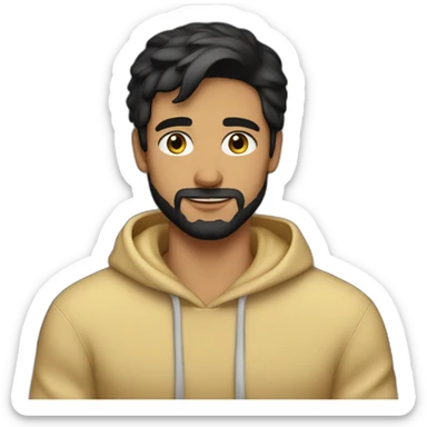 olive skin man with white black spotted cat on lap with short beard hazel eyes and black hair wearing hoodie sticker