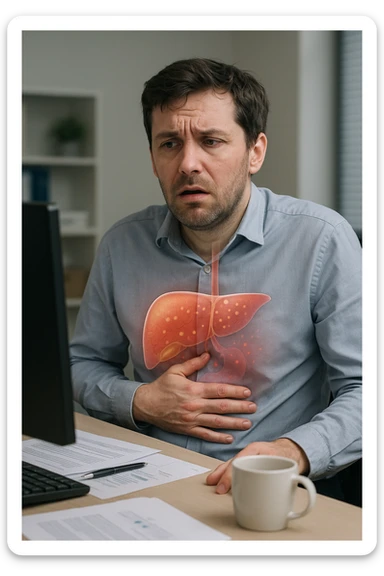 Man sitting at office desk experiencing subtle symptoms of liver dysfunction, upper abdominal pain, nausea, and unexplained fatigue Parasites: Types, Symptoms, Treatment & Prevention, expression of confusion about vague health issues, liver shown in transparent overlay with early inflammation, toxins beginning to accumulate in bloodstream, productivity declining as liver struggles to filter properly sticker