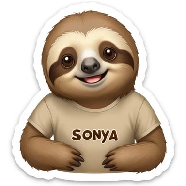 a sloth in a t-shirt that says “sonya” sticker