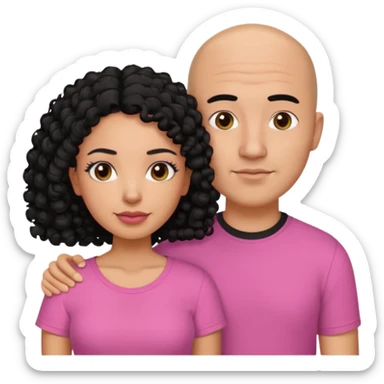 A picture if a couple. the man is a Mexican man with  black hair, a bald hair cut and black shirt on. the woman is mixed with black and white, with curly shoulder length hair and a pink shirt on sticker