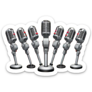 Create a vibrant and dynamic emoji that represents choral vocal performance. The design should feature 10 vintage stage microphones arranged in a semi-circle on a concert stage, symbolizing a vocal group or choir. Add musical notes flowing around the microphones to represent harmony and unity in the performance. Include concert lighting and a celebratory atmosphere to convey the excitement of live music. Use bright, bold colors like red, gold, and silver to emphasize the energy and glamour of the stage. The background should be transparent. sticker