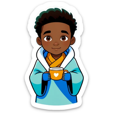 Brown skin boy wrapped in a blanket holding a cup of tea cozy vibes sticker