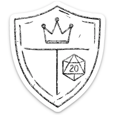 minimalist hand-drawn outlined icon of a shield, crown, or DM screen with DnD/RPG hint, very worn and distressed effect sticker