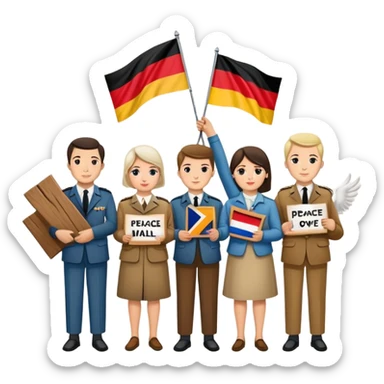 people holding protest signs, Berlin Wall in the background, peace dove, East and West Germany flags, 1950s and 60s sticker