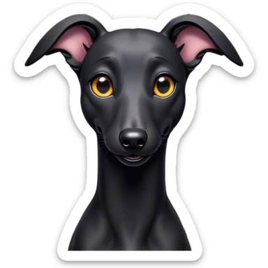 Cinematic Comical Black Greyhound Portrait Emoji, Head tilted dramatically with an exaggeratedly amused expression, featuring a glossy jet-black Fur and wide, expressive dark eyes filled with playful disbelief, Simplified yet hilariously expressive features, highly detailed, glowing with a slightly sassy glow, high shine, dramatic yet playful, stylized with an air of cheeky mischief, bright and endearing, soft glowing outline, capturing the essence of a spirited and over-the-top racer, so meme-worthy it feels like it could side-eye its way into internet fame instantly! sticker