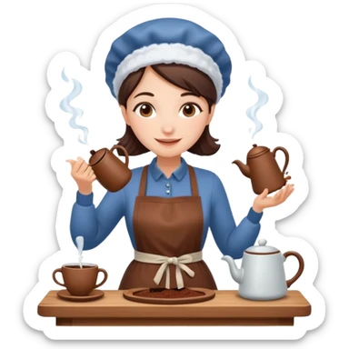 A cheerful woman wearing a winter apron, pouring cocoa from a kettle into tiny cups.
 sticker