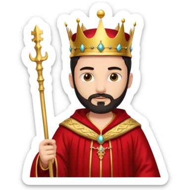 Bearded King, young king with short black beard, royal staff in hand, wearing crown
 sticker