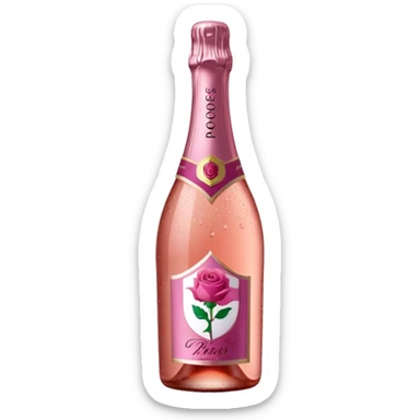 bottle of sparkling rosé with a rose logo on the label, angled to the left, no glass sticker
