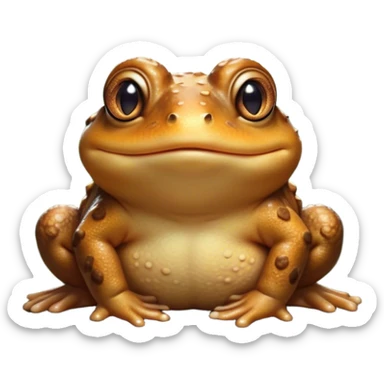 Cinematic Cute Toad Portrait Emoji, Head tilted playfully and inquisitively, featuring a charmingly plump form with bumpy, textured skin in rich earthy hues and round, sparkling eyes full of gentle mischief, Simplified yet irresistibly adorable features, highly detailed, glowing with a warm, friendly woodland glow, high shine, affectionate and lively, stylized with a touch of whimsical nature charm, soft glowing outline, capturing the essence of a mischievous yet loving toad that seems as if it could hop out of the screen into your arms! sticker