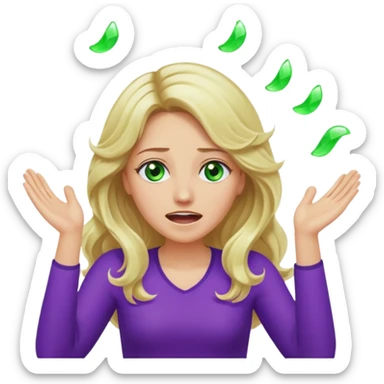 lady with long wavy blonde hair, purple top, green eyes, throwing her hands in the air crying sticker