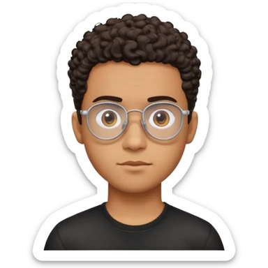 Young Latino man with small oval face, big forehead, aviator glasses, shaved sides with short curly hair on top, neutral-friendly expression, brown skin, black t-shirt sticker