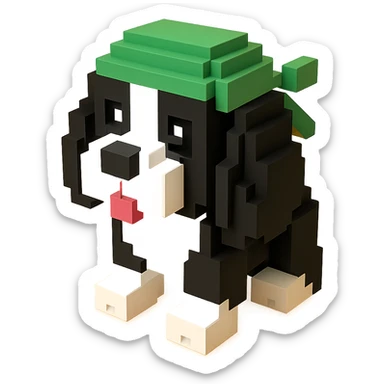 A black and white Russian Cocker Spaniel puppy wearing a green durag, voxel style, standing sticker