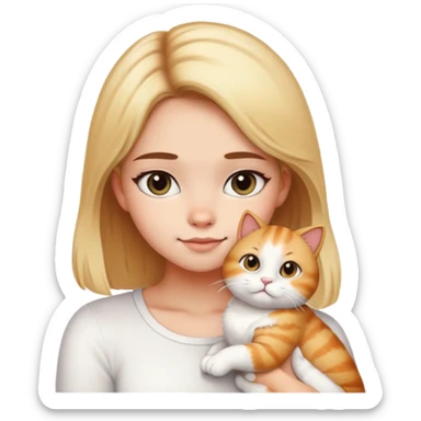 Girl with black gradient to blonde hair  petting her white Garfield cat and brown Garfield cat sticker