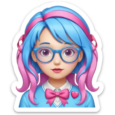 candy girl with very long blue-pink mixed candy hair with ribbon and no tattooes, with glassess sticker