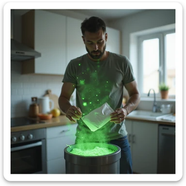 realistic man in a clean modern kitchen, throwing sugar packets into a trash bin, determined expression, toxic green aura around sugar packets, clear lighting, atmosphere of health and decision, realistic style, 4K quality sticker