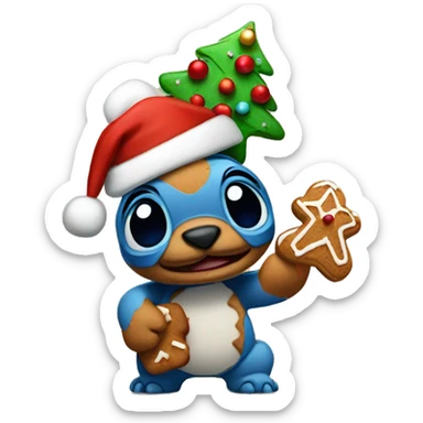 Stitch with Christmas hat on and ginger bread in his hand sticker