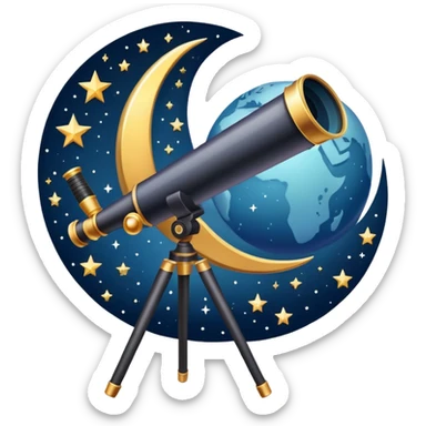 An icon featuring a telescope, stars, and a planet, symbolizing astronomy. The design includes a crescent moon, distant galaxies, and constellations, representing the study of space and celestial bodies. Transparent background highlights the exploration of the universe and cosmic phenomena. sticker