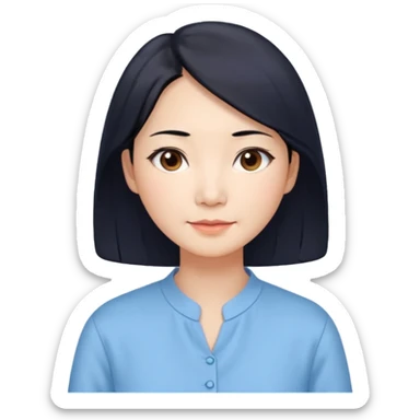 Chinese woman 50 years old, gentle caring expression, shoulder-length black hair, brown eyes, pastel blue blouse sticker