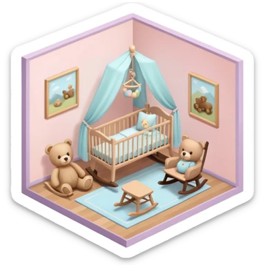 isometric baby room, Nursery with pastel walls and hanging mobile sticker