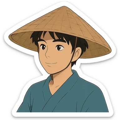 young Asian man with a rice hat sticker