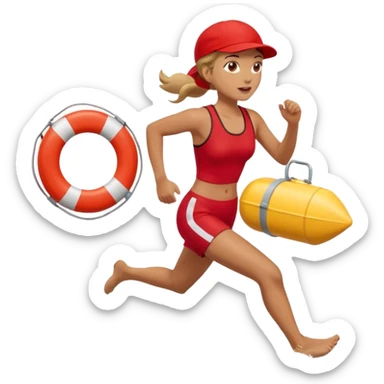 Female lifeguard – red cap, running along shore with rescue buoy sticker