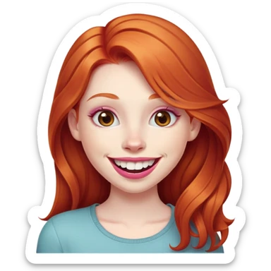 Young girl with pale skin, longer face, full pink lips smiling with big teeth, very long ginger red hair (no blonde at all), big brown eyes, bigger nose, big mouth sticker