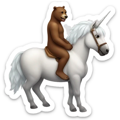 create a brown bear mounted on a white unicorn sticker