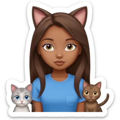 a pretty bratz dusky girl with long brown hair, blue eyes with six cats nd wearing a grey tshirt sticker