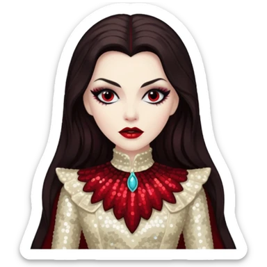 Countess Dracula with long dark brown hair, cream sequin outfit  sticker