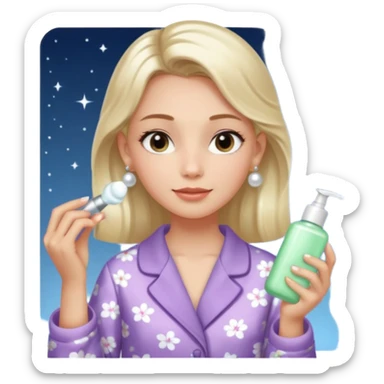 Clean girl aesthetic emoticons, apply skincare products, pearl earrings, glowing skin, pajamas, soft lighting sticker