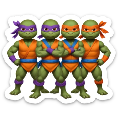 Give me a picture of 4 teenage mutant ninja turtles. Make them hold a fighting pose. Their bandana colors should be red, another orange, another purple, another blue. sticker