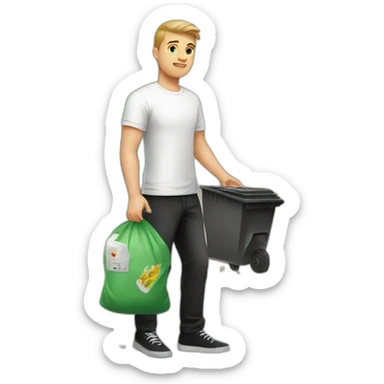 Slavic guy in a white T-shirt and black trousers throws out garbage sticker