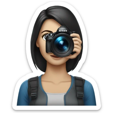 Portrait of woman with blue eyes and dark hair holding a nikon camera sticker