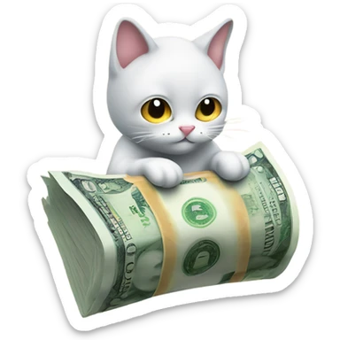 2D cartoon of cat riding banknote above financial graph sticker