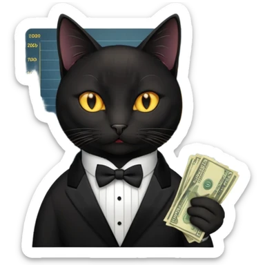 stock investing black and smart cat, with money and "stock charts" sticker