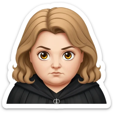 Alecto Carrow in harry potter, a woman fat, light brown knot tied hair, look evil, black cloak sticker